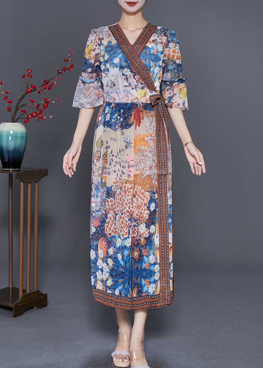 Vintage V Neck Print Tie Waist Chiffon Dress Summer LY7687
