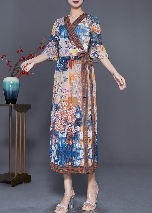 Vintage V Neck Print Tie Waist Chiffon Dress Summer LY7687