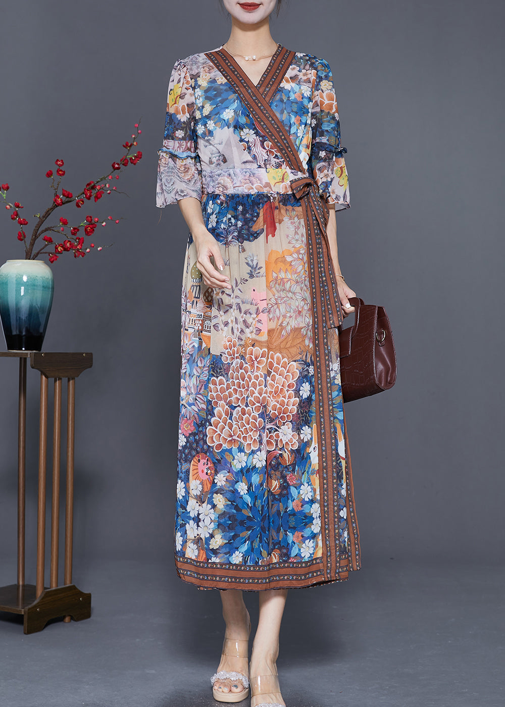 Vintage V Neck Print Tie Waist Chiffon Dress Summer LY7687