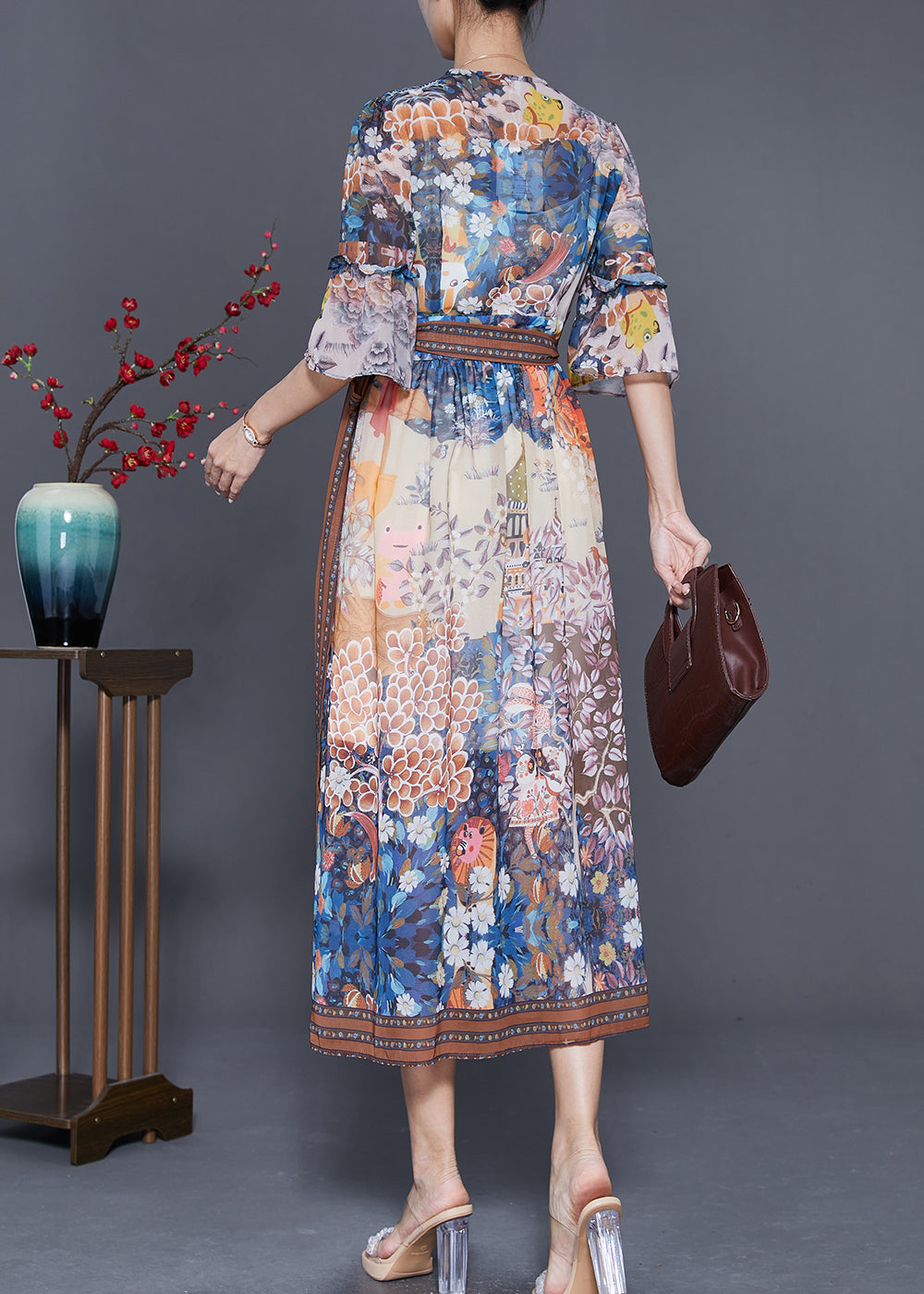 Vintage V Neck Print Tie Waist Chiffon Dress Summer LY7687