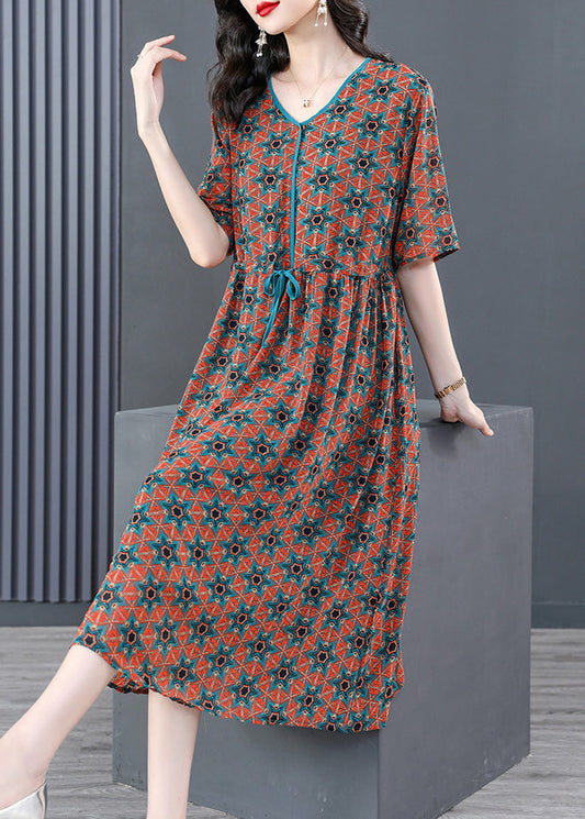 Vintage V Neck Print Wrinkled Tie Waist Long Dresses Summer LY1737 - fabuloryshop