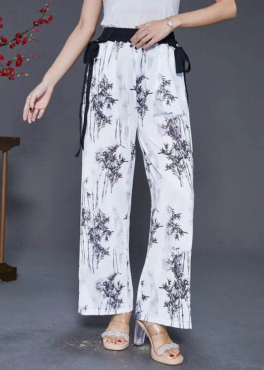 Vintage White Bamboo Print Draping Chiffon Straight Pants Fall Ada Fashion