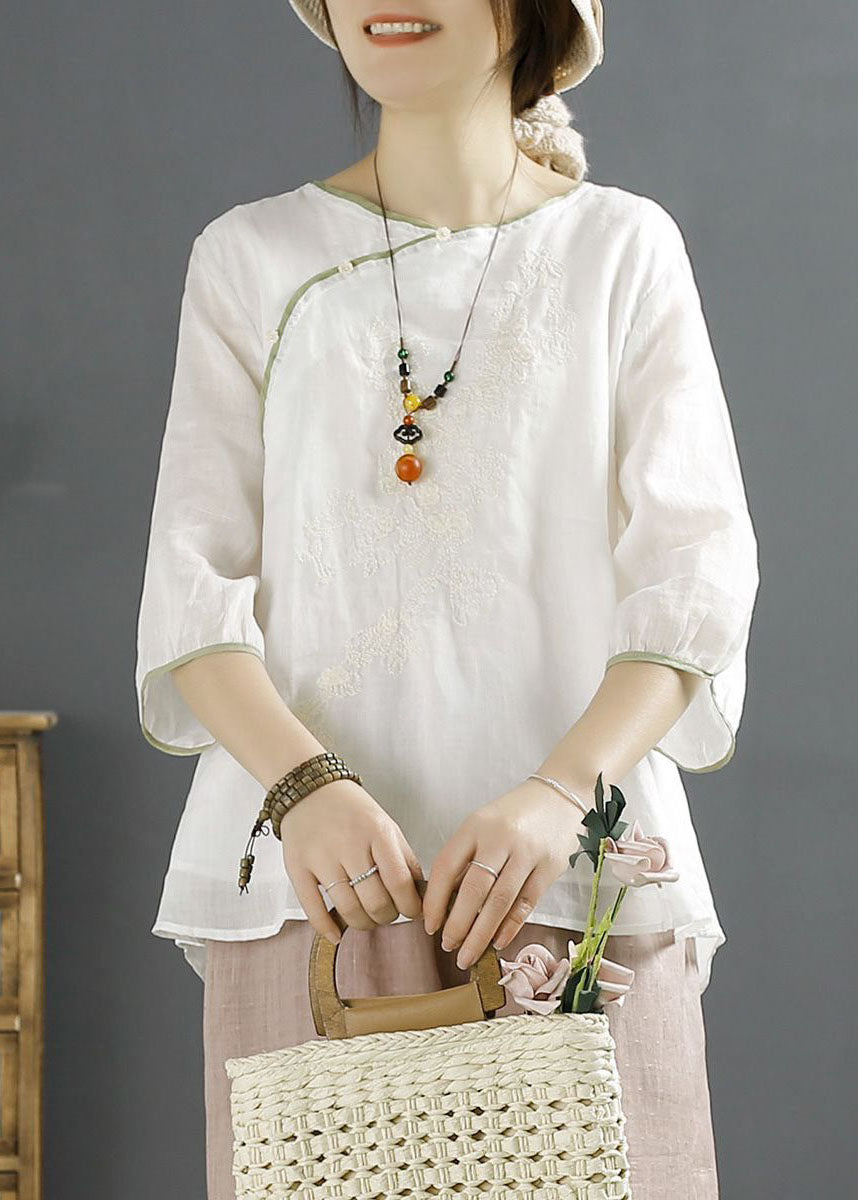 Vintage White Embroideried Chinese Button Patchwork Linen Shirt Top Summer LY2517 - fabuloryshop