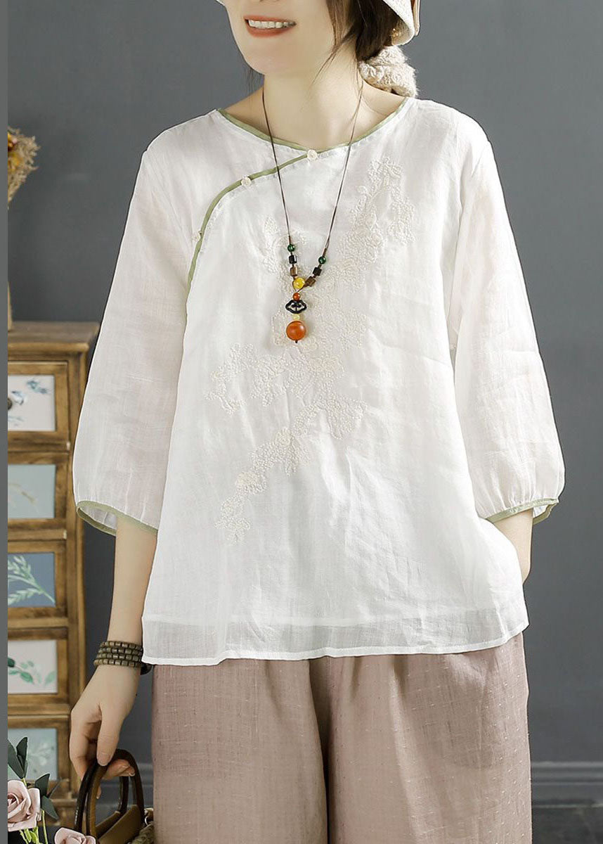 Vintage White Embroideried Chinese Button Patchwork Linen Shirt Top Summer LY2517 - fabuloryshop