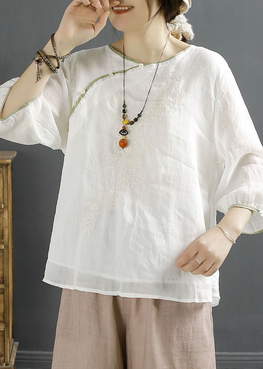 Vintage White Embroideried Chinese Button Patchwork Linen Shirt Top Summer LY2517 - fabuloryshop