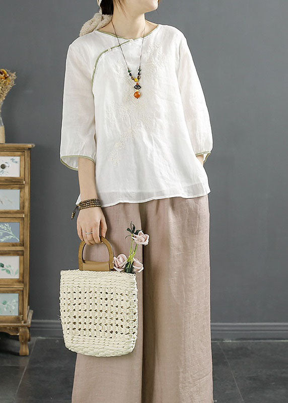 Vintage White Embroideried Chinese Button Patchwork Linen Shirt Top Summer LY2517 - fabuloryshop