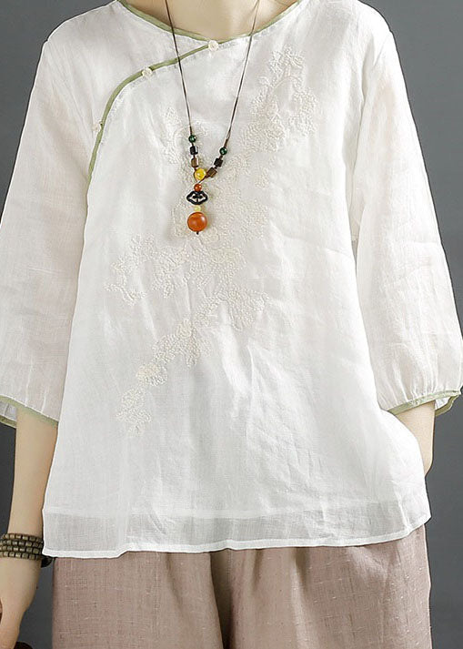 Vintage White Embroideried Chinese Button Patchwork Linen Shirt Top Summer LY2517 - fabuloryshop