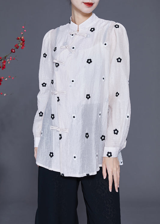 Vintage White Mandarin Collar Embroideried Chinese Button Silk Top Spring LY2344 - fabuloryshop