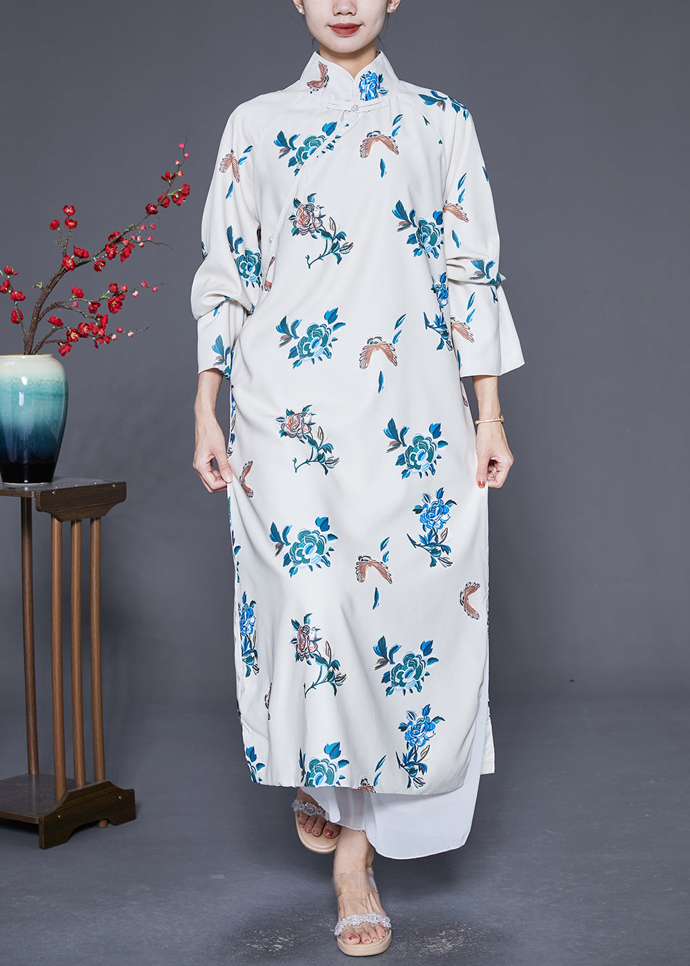 Vintage White Mandarin Collar Embroideried Satin Dress Caftan Spring Ada Fashion