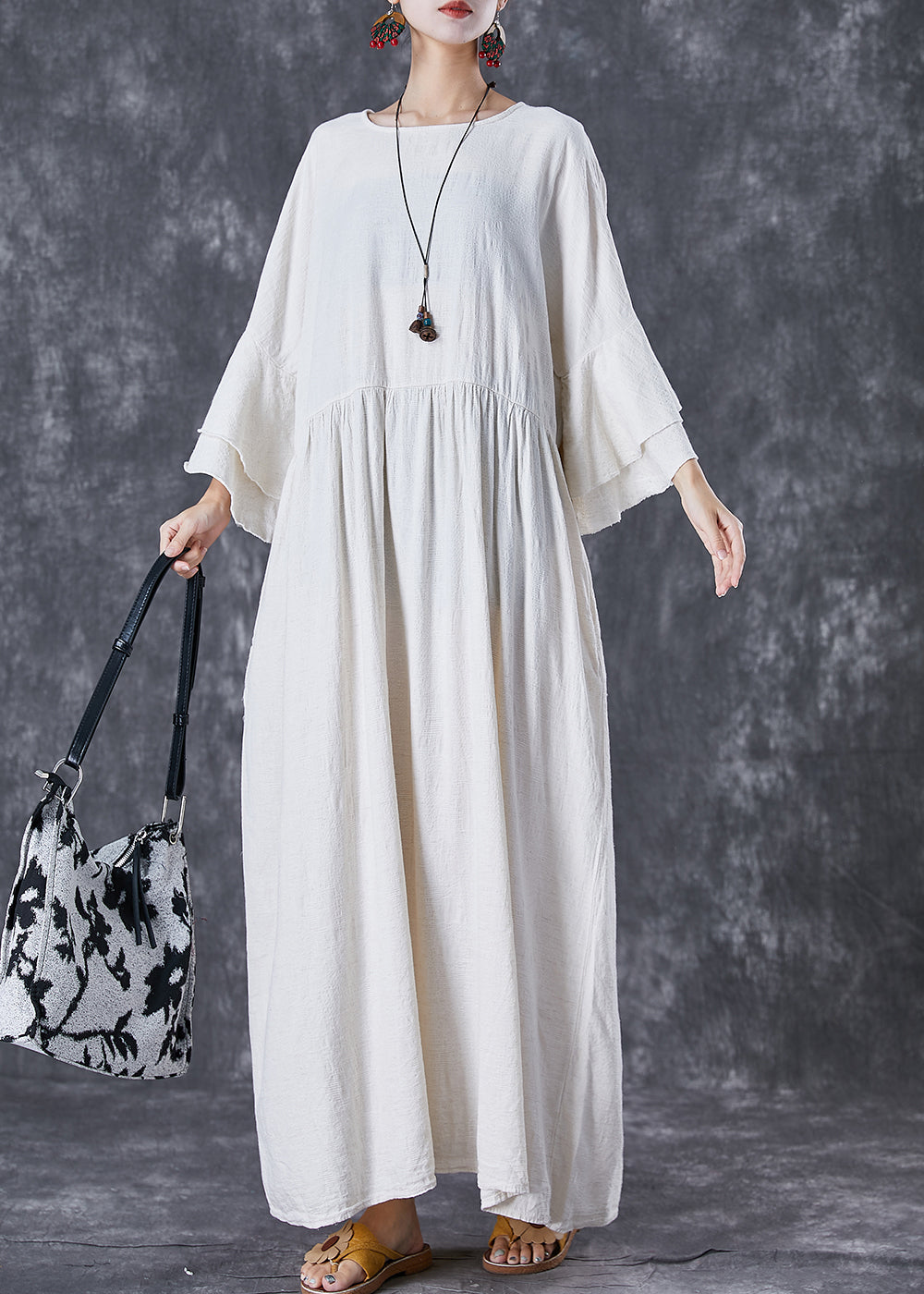 Vintage White Oversized Exra Large Hem Linen Maxi Dresses Flare Sleeve TD1057