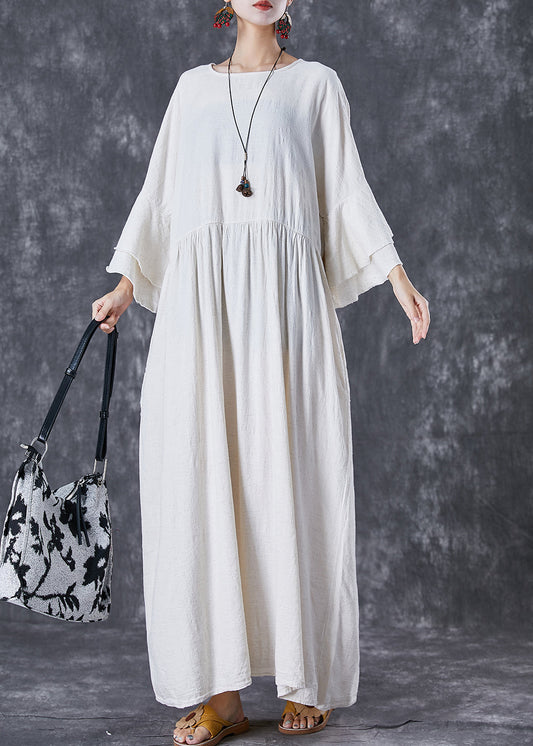 Vintage White Oversized Exra Large Hem Linen Maxi Dresses Flare Sleeve TD1057 - fabuloryshop