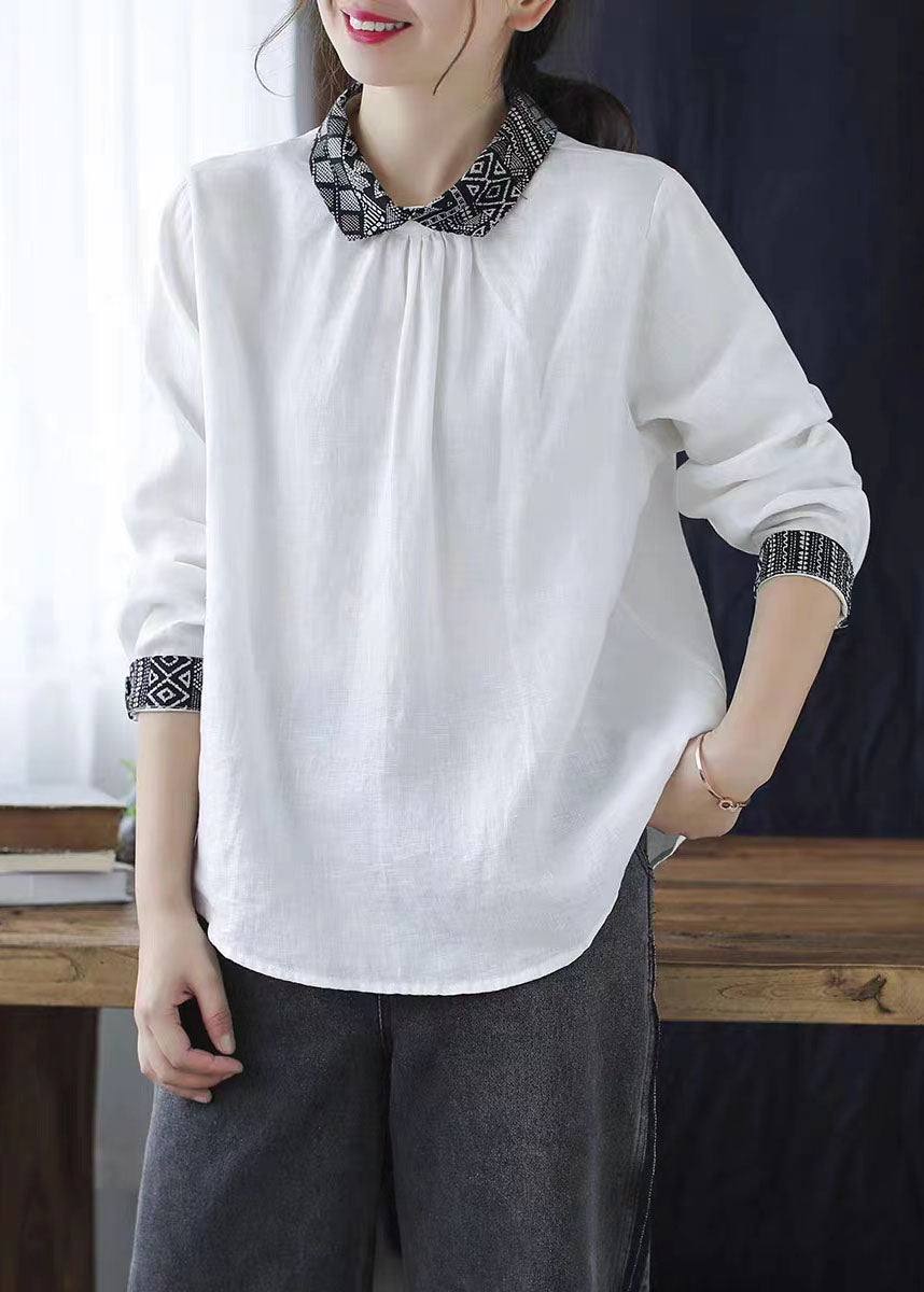 Vintage White Peter Pan Collar Patchwork Linen Blouse Tops Spring LY6185 - fabuloryshop