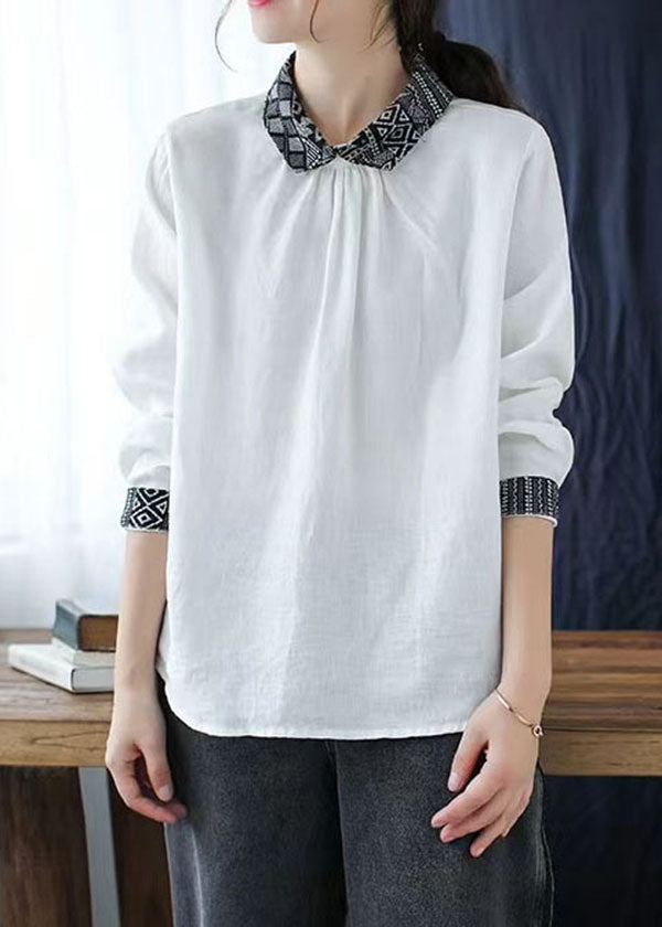 Vintage White Peter Pan Collar Patchwork Linen Blouse Tops Spring LY6185 - fabuloryshop