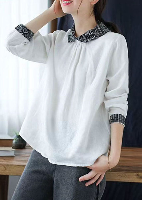 Vintage White Peter Pan Collar Patchwork Linen Blouse Tops Spring LY6185 - fabuloryshop