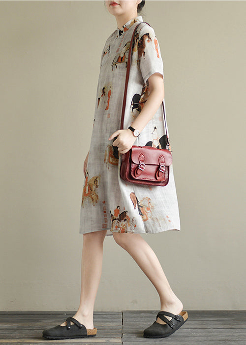 Vintage White Print Oriental Button Linen Dress Short Sleeve LY0503 - fabuloryshop