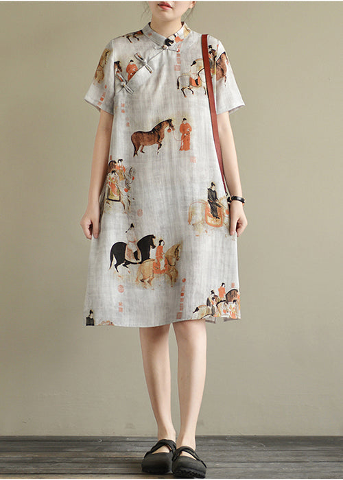 Vintage White Print Oriental Button Linen Dress Short Sleeve LY0503