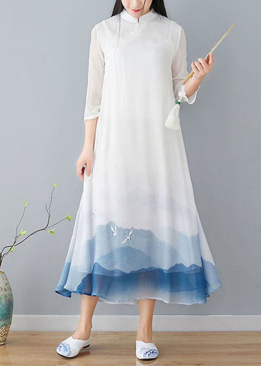 Vintage White Stand Collar Patchwork Print Silk Dress Summer LY1719 - fabuloryshop