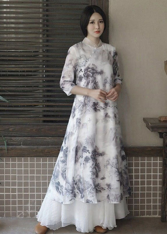 Vintage White Stand Collar Ruffled Print Patchwork Linen Dress Summer LY2504 - fabuloryshop