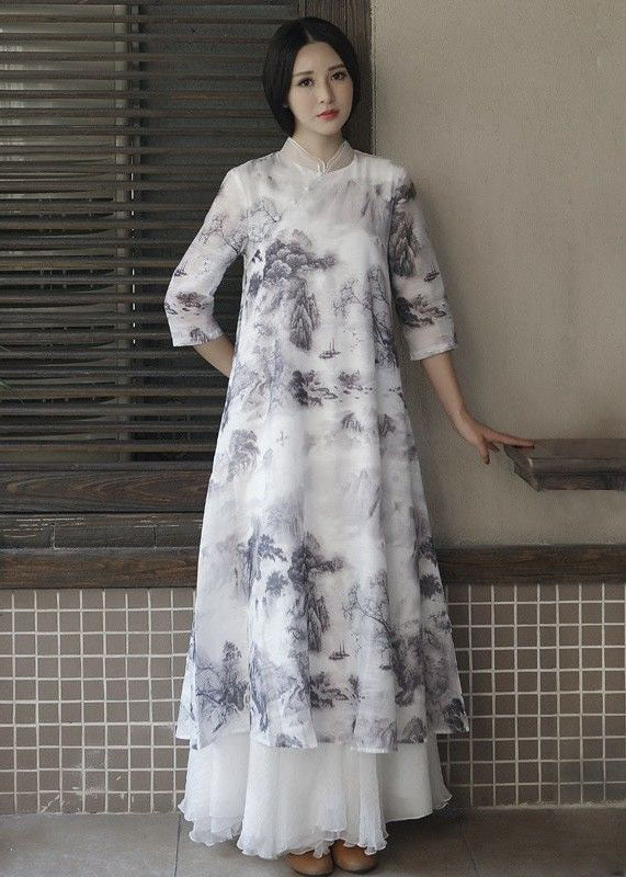 Vintage White Stand Collar Ruffled Print Patchwork Linen Dress Summer LY2504 - fabuloryshop