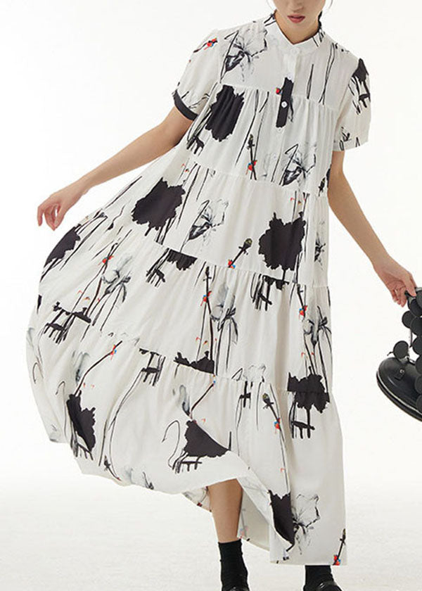 Vintage White Stand Collar Wrinkled Print Chiffon Dresses Summer LY1214 - fabuloryshop