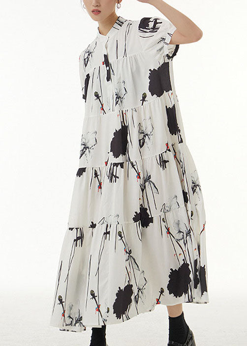 Vintage White Stand Collar Wrinkled Print Chiffon Dresses Summer LY1214 - fabuloryshop