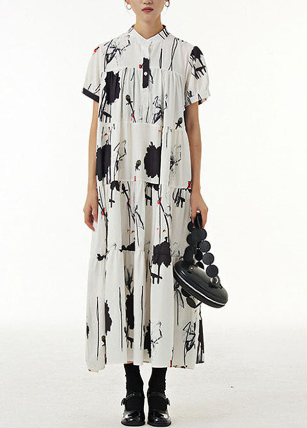 Vintage White Stand Collar Wrinkled Print Chiffon Dresses Summer LY1214 - fabuloryshop