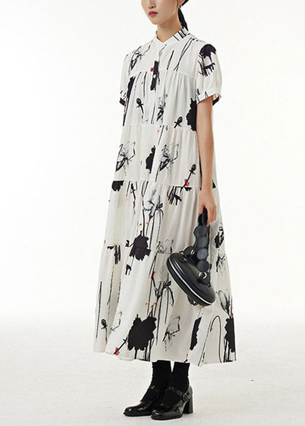 Vintage White Stand Collar Wrinkled Print Chiffon Dresses Summer LY1214 - fabuloryshop