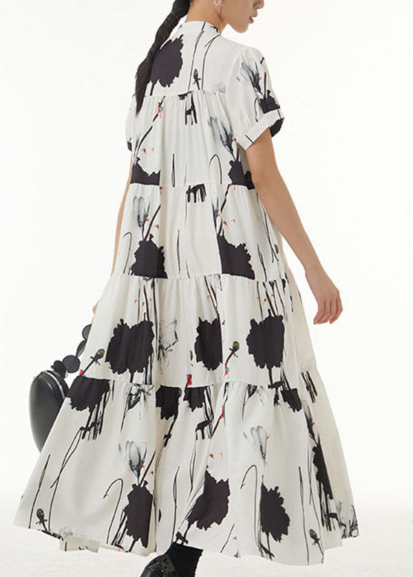 Vintage White Stand Collar Wrinkled Print Chiffon Dresses Summer LY1214 - fabuloryshop