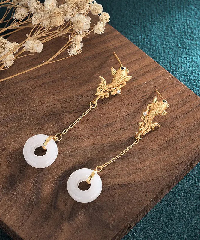 Vintage White Sterling Silver Overgild Jade Goldfish Drop Earrings Ada Fashion