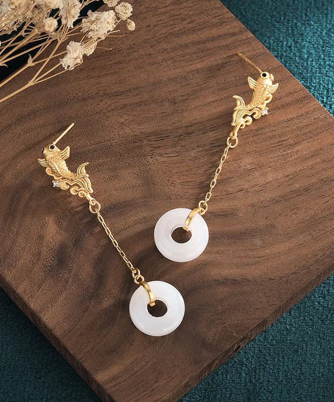 Vintage White Sterling Silver Overgild Jade Goldfish Drop Earrings Ada Fashion