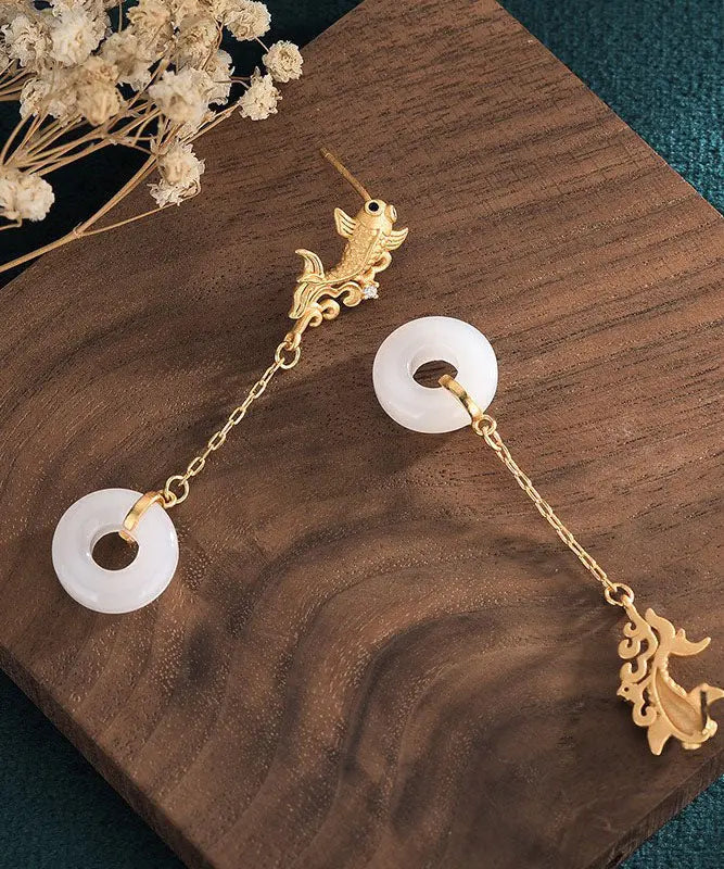 Vintage White Sterling Silver Overgild Jade Goldfish Drop Earrings Ada Fashion
