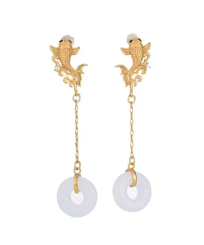 Vintage White Sterling Silver Overgild Jade Goldfish Drop Earrings Ada Fashion