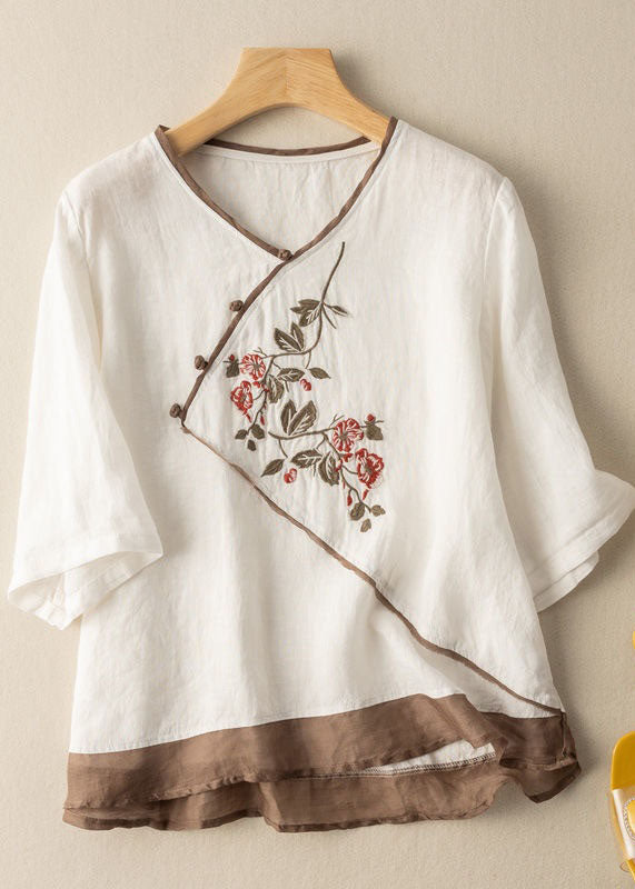 Vintage White V Neck Patchwork Linen Blouses Half Sleeve LY2946 - fabuloryshop