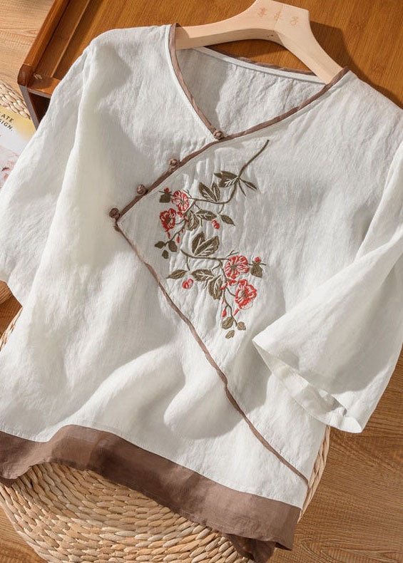 Vintage White V Neck Patchwork Linen Blouses Half Sleeve LY2946 - fabuloryshop