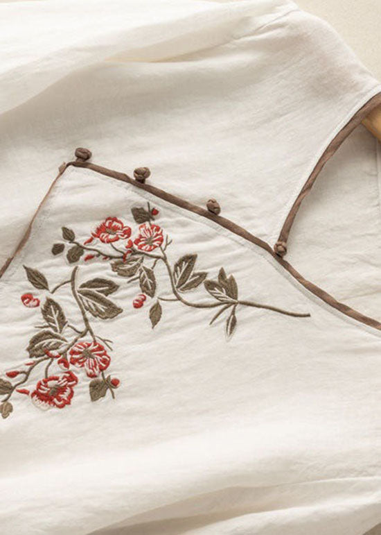 Vintage White V Neck Patchwork Linen Blouses Half Sleeve LY2946 - fabuloryshop