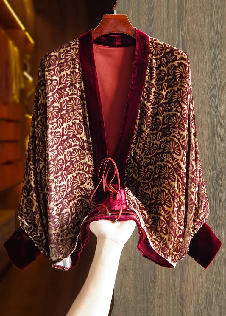 Vintage Wine Red Print Lace Up Patchwork Silk Velour Top Long Sleeve Ada Fashion