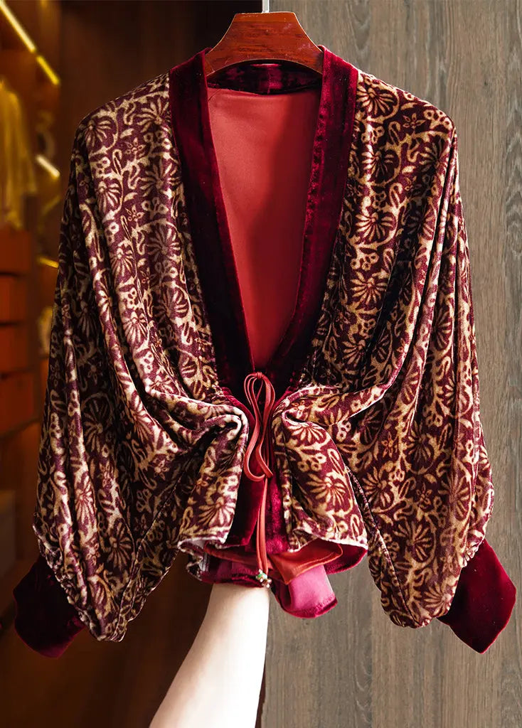 Vintage Wine Red Print Lace Up Patchwork Silk Velour Top Long Sleeve Ada Fashion