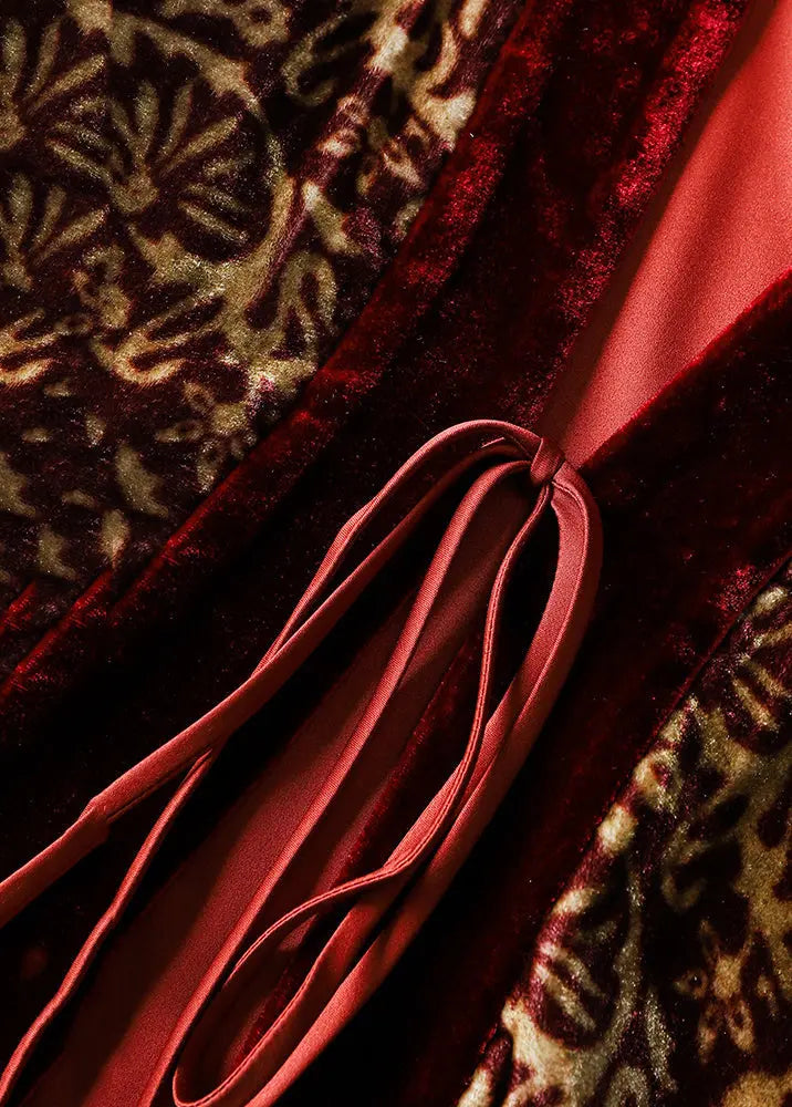 Vintage Wine Red Print Lace Up Patchwork Silk Velour Top Long Sleeve Ada Fashion