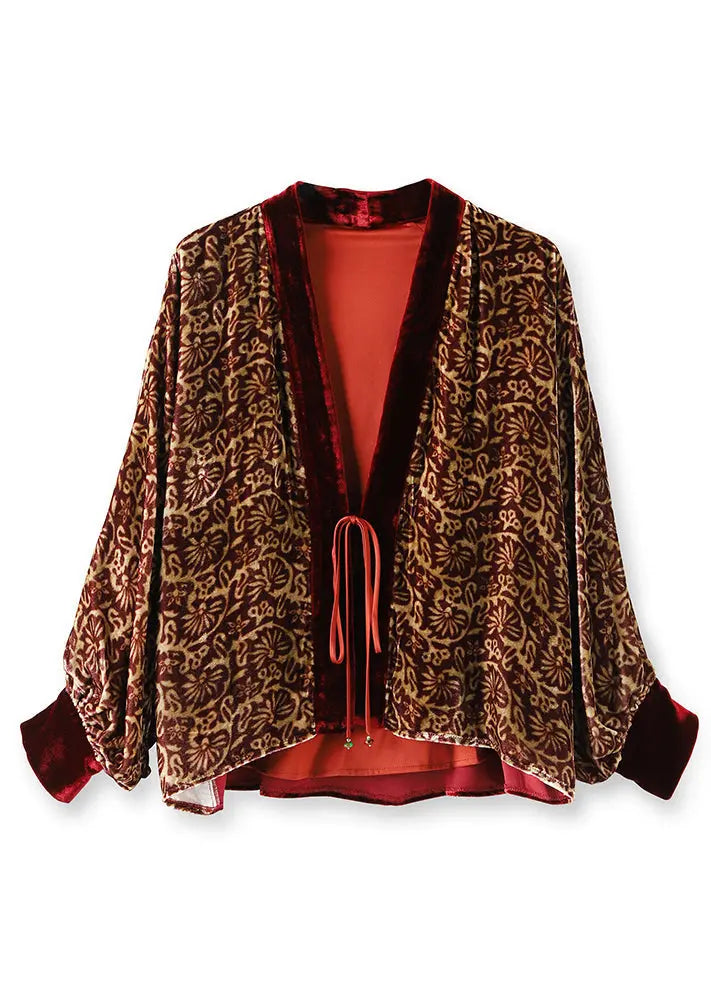 Vintage Wine Red Print Lace Up Patchwork Silk Velour Top Long Sleeve Ada Fashion