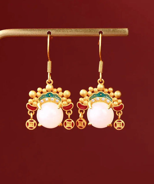 Vintage Yellow Ancient Gold Inlaid Zircon Pearl Dao Ma Dan Face Mask Drop Earrings Ada Fashion
