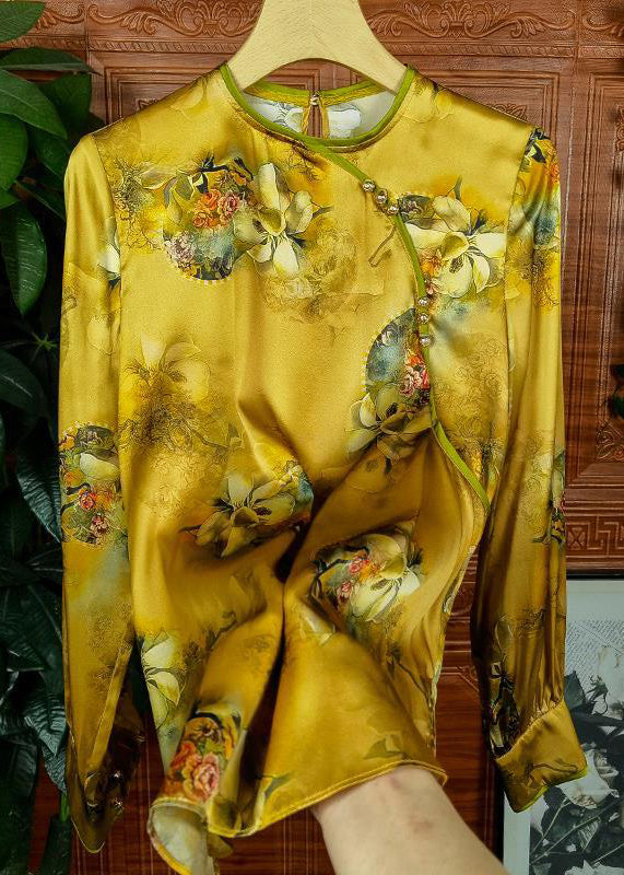 Vintage Yellow Button Print Patchwork Silk Shirts Long Sleeve Ada Fashion
