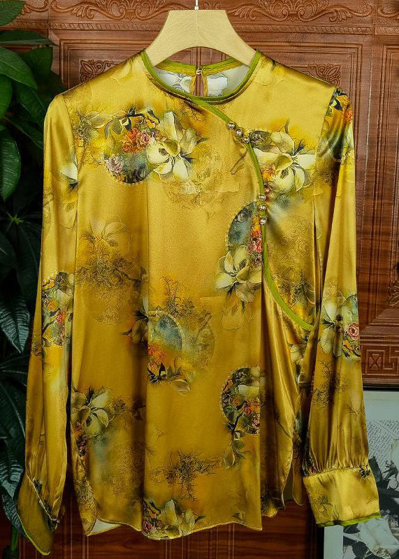 Vintage Yellow Button Print Patchwork Silk Shirts Long Sleeve Ada Fashion