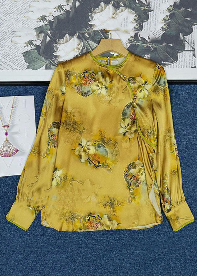 Vintage Yellow Button Print Patchwork Silk Shirts Long Sleeve Ada Fashion