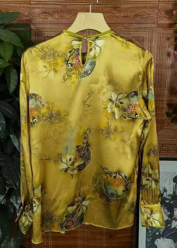Vintage Yellow Button Print Patchwork Silk Shirts Long Sleeve Ada Fashion