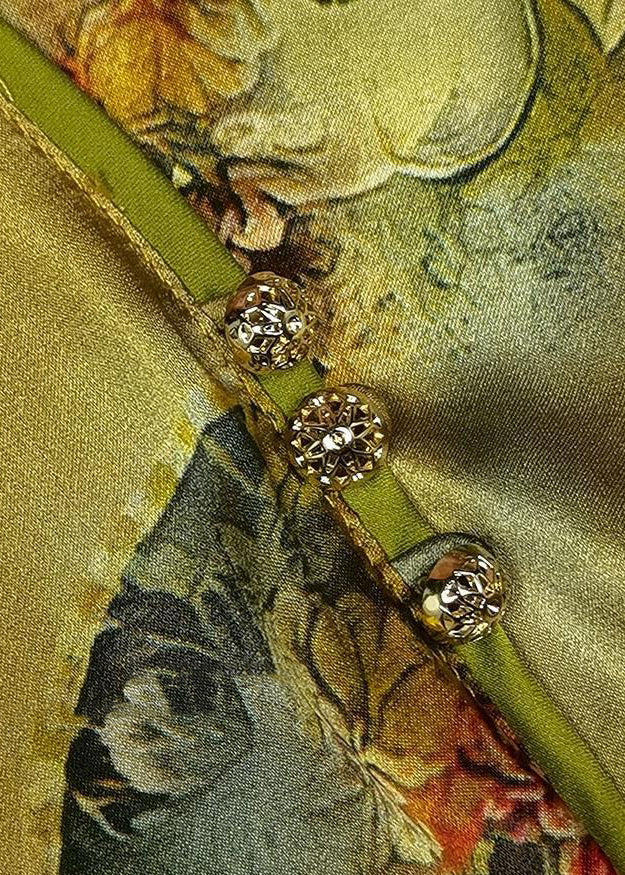 Vintage Yellow Button Print Patchwork Silk Shirts Long Sleeve Ada Fashion