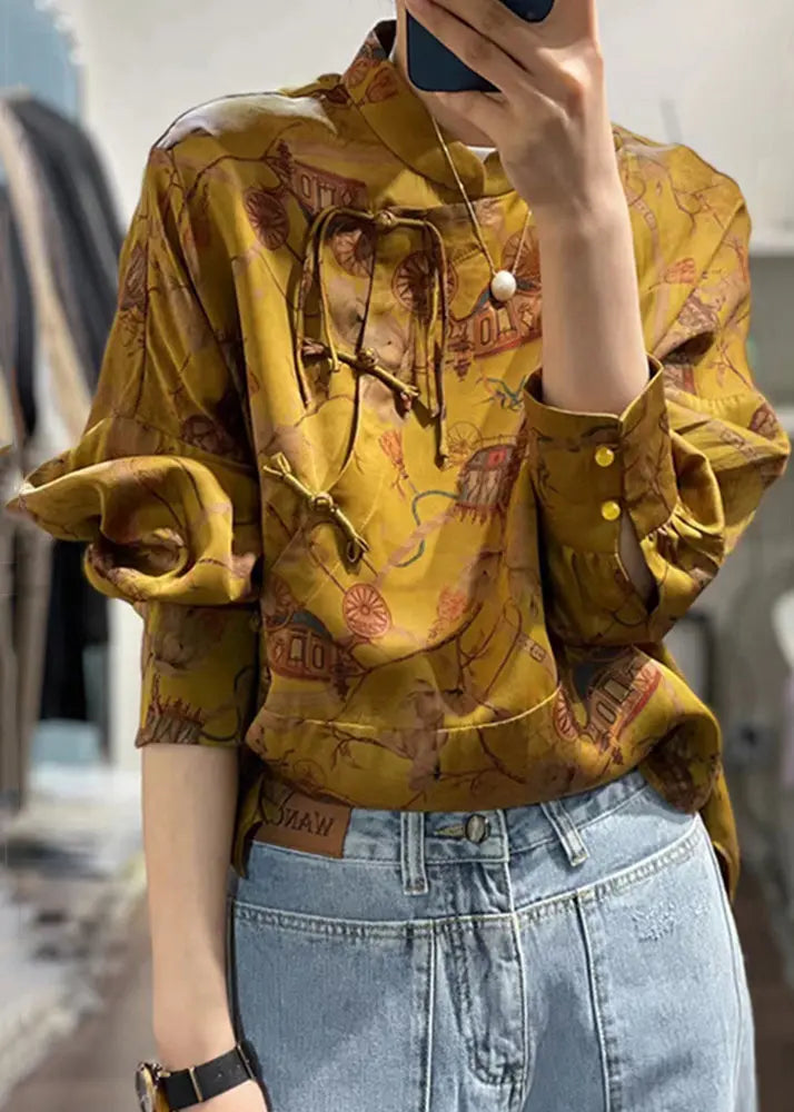 Vintage Yellow Button Print  Silk Shirt Fall Ada Fashion