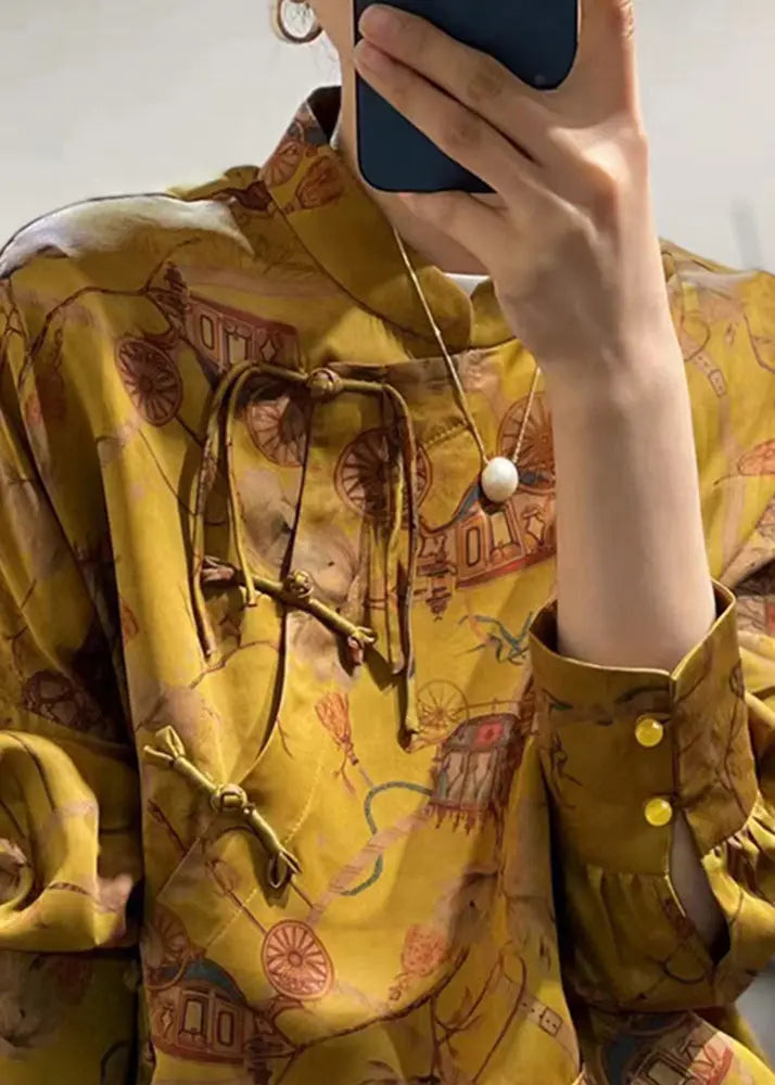 Vintage Yellow Button Print  Silk Shirt Fall Ada Fashion