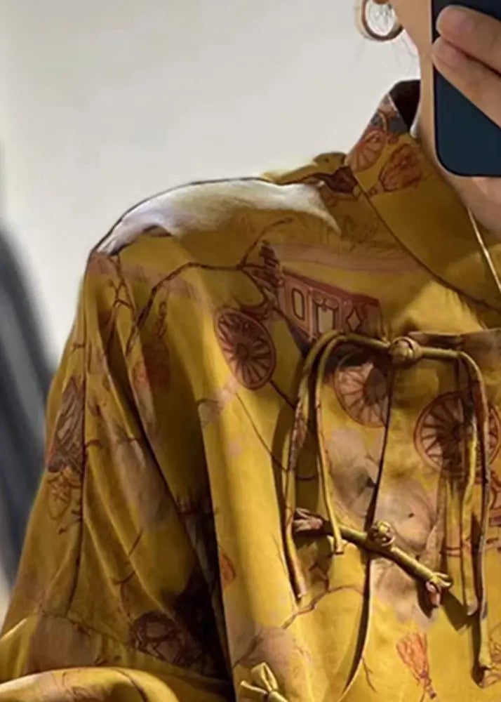 Vintage Yellow Button Print  Silk Shirt Fall Ada Fashion