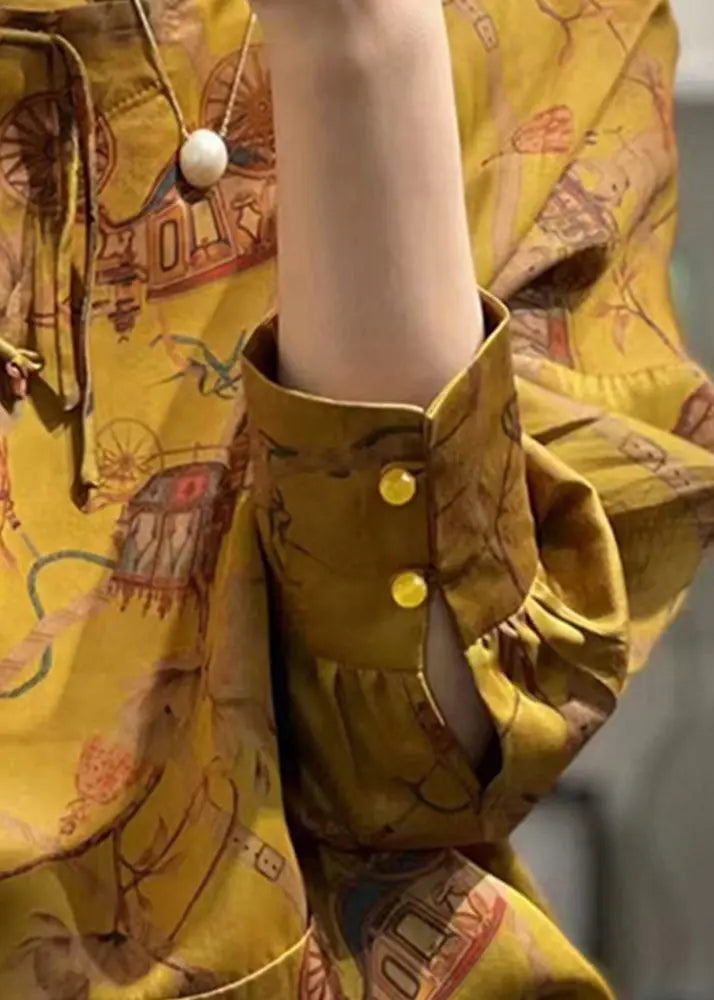 Vintage Yellow Button Print  Silk Shirt Fall Ada Fashion