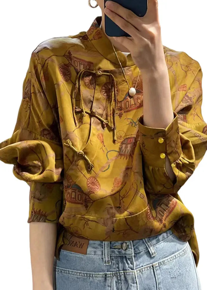 Vintage Yellow Button Print  Silk Shirt Fall Ada Fashion